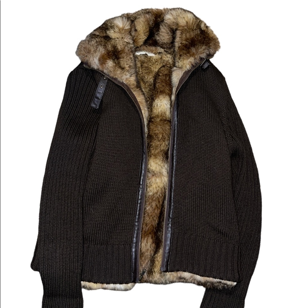 Orvis womens sweater faux fur jacket large brown wool